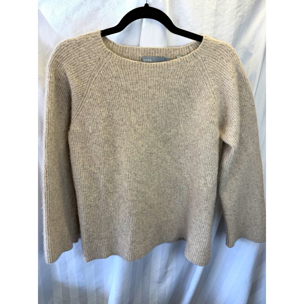 Vince Women's XL Cashmere Silk Beige Ribbed Knit Crew Neck Raglan Sweater